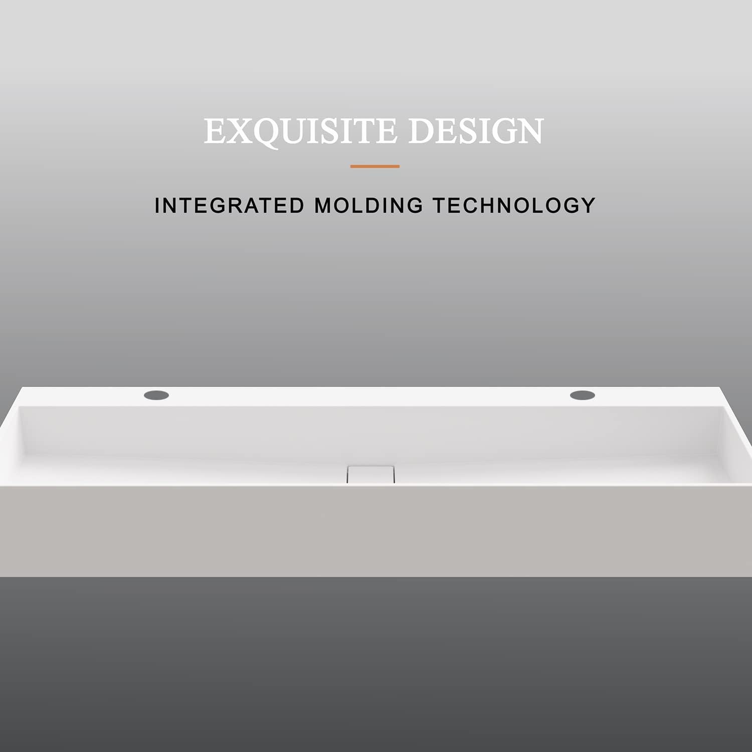 Cpingao 47"x16" Wall-Mount 2 Faucet Holes Rectangle Bathroom Vessel Sink, Above Counter Vanity Stone Resin Sink Matte White 9002