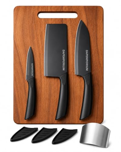 Image of Kitchen Knife Set with Wooden Cutting Board & Finger Guard Set (3+1+1) Stainless Steel Chef, Cleaver & Paring 3-Pcs Knives Set with Safety Covers | Ultra-Sharp Multipurpose Tool Combo