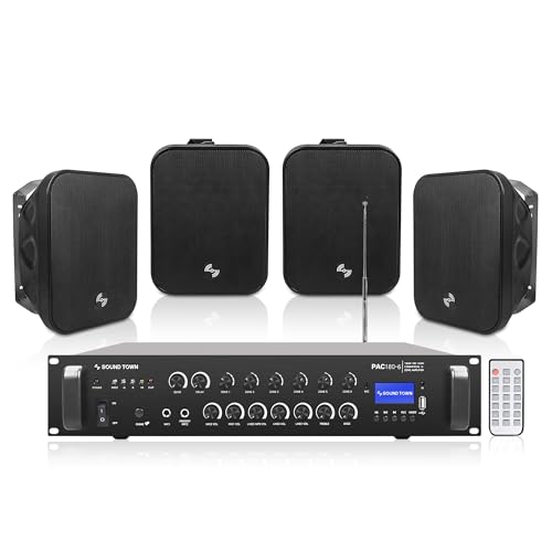 Sound Town Commercial Restaurant Bluetooth Amplifier + Surface-Mount Speaker Set, with One 6-Zone 70V/100V Amplifier with Bluetooth, 4 x 5.25-Inch Surface-Mount Speakers, Black (PAC180X4MS5B)
