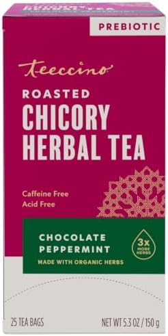 Teeccino Chocolate Peppermint Herbal Tea - Enjoy Hot or Iced Tea with Cooling Peppermint, Cocoa & Chicory, Prebiotic, Caffeine Free, Acid Free, 25 Tea Bags