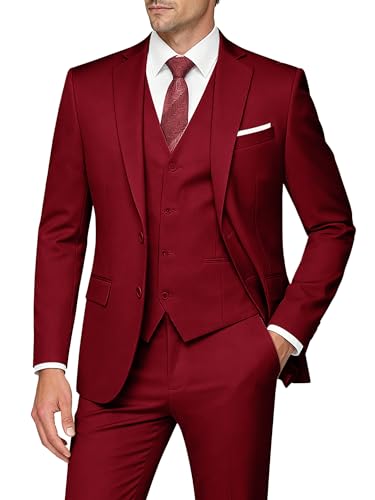 WULFUL Men's Slim Fit 3 Piece Suits Two Button Blazer Vest & Pants Tuxedo Set for Business Wedding Party Red