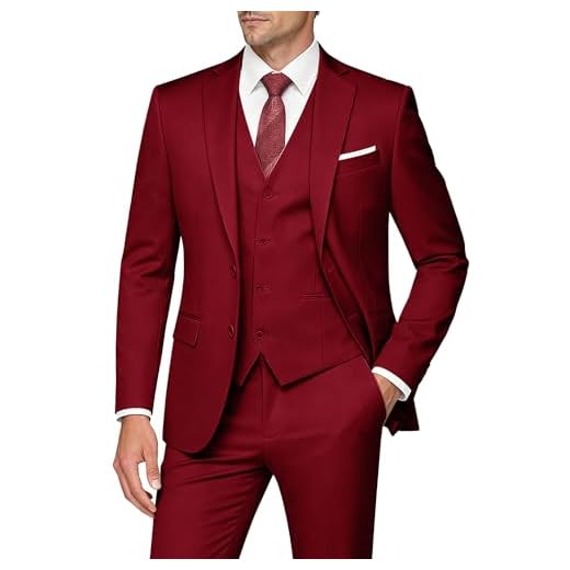 WULFUL Men's Slim Fit 3 Piece Suits Two Button Blazer Vest & Pants Tuxedo Set for Business Wedding Party Red