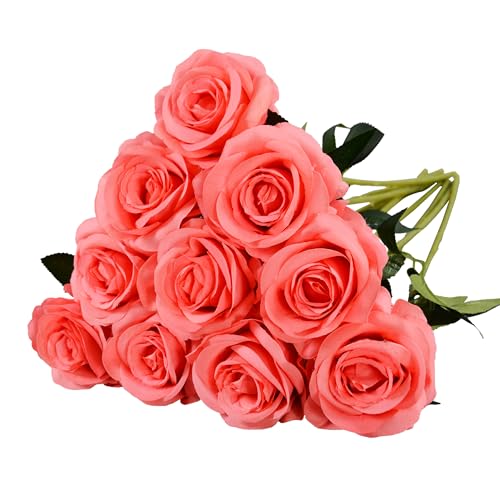 10 Pcs Peach Rose Artificial Flower, Faux Silk Flowers With Long Stems, Fake Roses Bulk Bouquet for Decoration Valentine's Day Centerpieces Proposal Bridal Bouquets Shower Party Home Floral Decor by Eternal Blossom - Used condition - US$8.02