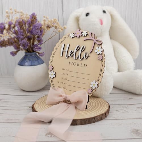 Hello World Baby Holzschild mit Ständer und rosa Schleife – Holz Meilensteinkarten für Baby Geburtsankündigung – Hölzernes Baby Ankündigungsschild mit Blumen für Neugeborene Fotoshooting, Baby Shower