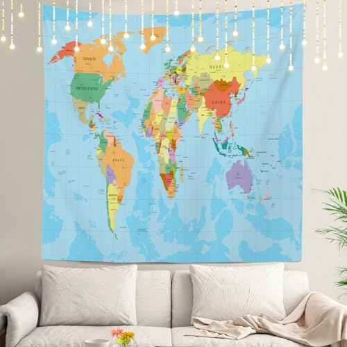 Shrahala Blue World Map Tapestry, Map Of The World On Mercators Projection Wall Hanging Hd Print Polyester Backdrop For Dorm Room Bedroom 59.1 X 59.1 In