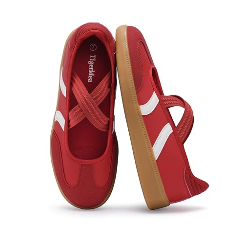 Tigeridea Red White Sneakers for Women – Slip-On Flat Mary Jane Business Casual Retro Tennis Shoes, Size 8.5 angle 6