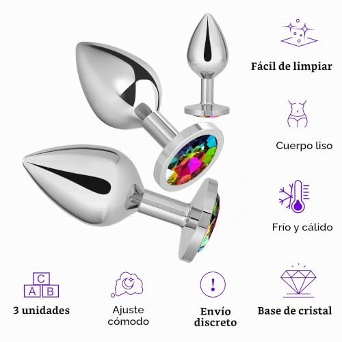 Miniatura 2 de Belmalia 3x Plug Anal Metálico Butt Plug Cristal Rainbow Pura Placer En 3 Tamaños Para Mujeres, Parejas, Hombres Juego Plugs Anales Vistoso