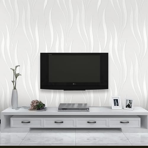 Image of Trafagala White Embossed Wallpaper Non-Woven Wave Stripes Roll 3D Silver Glitter Wallpaper Feature Modern Geometric Patterned Taupe for Livingroom Bedroom Kitchen
