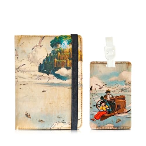TJIUSI Travel Passport Holder and Luggage Tag Set Anime Aesthetic PU Leather Travel Wallet & Suitcase ID Label Cute Floating Castle Design Travel Accessories Gift for Women Men