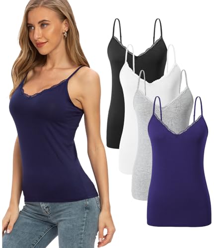 Accbiety 4 Pack Lace Womens Camisole V Neck Adjustable Strap Tank Tops Basic Undershirt Cami Black/White/Gray/Navy L