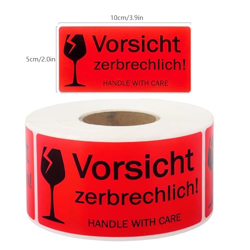 500 Stück Vorsicht zerbrechlich Aufkleber 100x50mm Selbstklebend Fragile Stickers Vorsicht zerbrechlich Handle with Care Warnhinweis Aufkleber für Pakete, Kartons, Transport, Lagerung