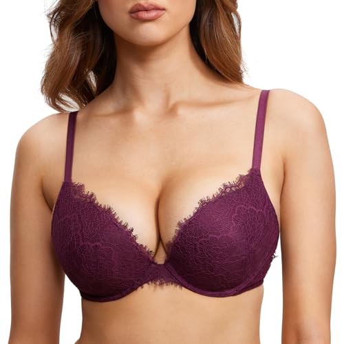 DOBREVA Sujetador Push Up con Aros Encaje Pestaña con Relleno Escote Sexy para Mujer Vino de UVA 105C