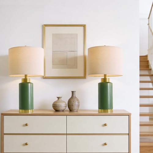 Image of USumkky 25 inch Green Ceramic Table Lamp Set of 2, Modern Mid-Century Bedside Nightstand Lamps for Bedroom Living Room, Linen Shade & Gold Metal Base, Rotary Switch E26 (Bulbs Excluded)
