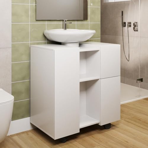 Gabinete Armario Banheiro Pia de Coluna Macau com Rodízios Branco