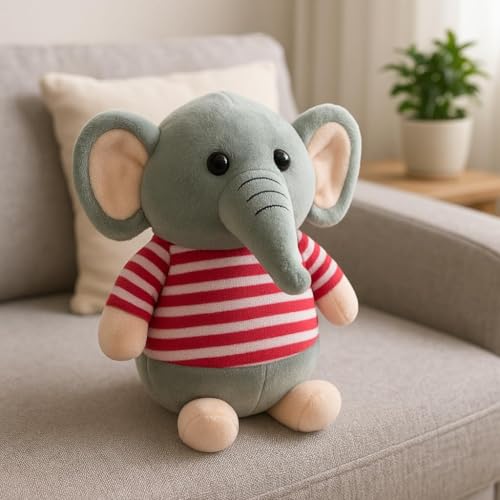 Image of Fun4you Plush Elephant Stuffed Animal Toy with Blue Striped T-Shirt, Soft Toy for Kids, Grey (red)