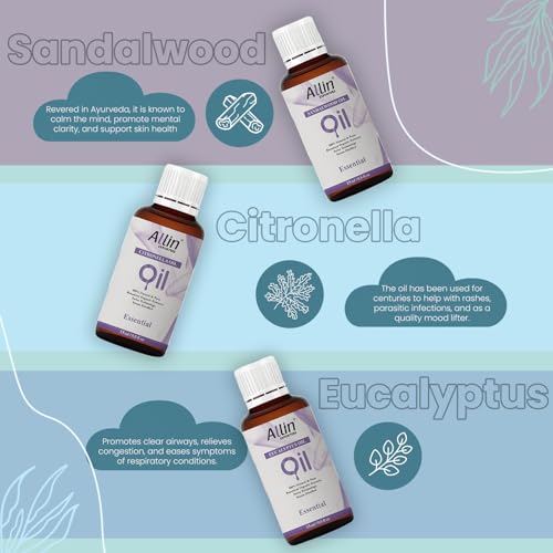 Image of Allin Exporters 9 in 1 Aroma Oil Combo Pack- Lavender, Rose, Citronella, Eucalyptus, Peppermint, Sandalwood, Lemon Grass, Lemon, Jasmine (9 x 15ml) Essential Oil for Home Fragrance, Aromatherapy