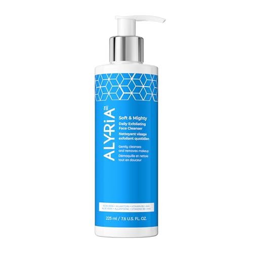 Alyria Soft & Mighty Daily Exfoliating Face Cleanser - Gentle Makeup Remover with Aloe Vera & Glycolic Acid - Vegan & Paraben Free face oil cleanser - 225 ml face wash for skin care.