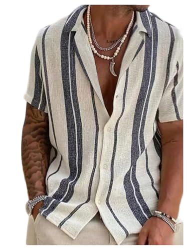 Men's Striped Bowling Shirts Button Down Short Sleeve Summer Vacation T-Shirt Resort Wear