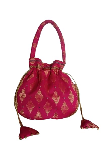 Veena creations Potli Bag, Pink, Brocade Fabric, Drawstring Closure, Ethnic Indian Style, Rhinestone Embellishments-picture-54