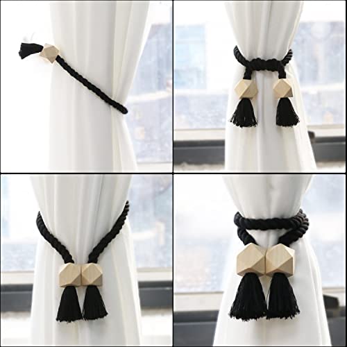OCIOLI 2 Pack Strong Magnetic Curtain Tiebacks Curtain Holdbacks Outdoor Curtain Tiebacks Cotton Hand Woven Tie Backs Drapery Holdbacks Curtain Ties for Drapes (Black - Image 4