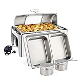 ROVSUN 9 QT Stainless Steel Chafing Dish Buffet Set with Electric & Fuel Heating,NSF Roll Top Catering Chafer Server with Full Size & 2 Detachable Food Pans, Glass Lid for Party Wedding NSF
