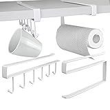 VINFUTUR 4 Stück Tassenhalter Schrankeinsatz Küchenrollenhalter ohne Bohren Tassen Aufhänger Schrank Papierrollenhalter Küche Aufbewahrung Organizer + 4pcs Transparent klebepads