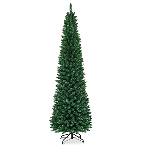 GYMAX 5FT 6FT 7FT 8FT Green Pencil Slim Christmas Tree Artificial Traditional Xmas Tree Indoor Outdoor Christmas Decoration (240 cm/8 ft)