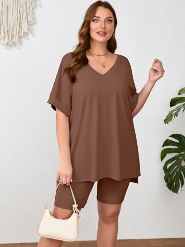 Image of AusLook Women's Plus Size 2 Piece Short Outfits Set Short Sleeve Tops and Shorts Pants Lounge Jogging outfits Matching Set