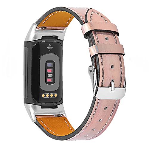 Gimuk Compatible with Fitbit Charge 5 Strap for Women Men Genuine Leather Adjustable Sports Strap Replacement Wristband for Charge 5 Tracker Small Large (Bling Rose Gold)