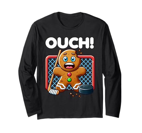 Funny Hockey Gingerbread Man Christmas Holiday Portero Manga Larga