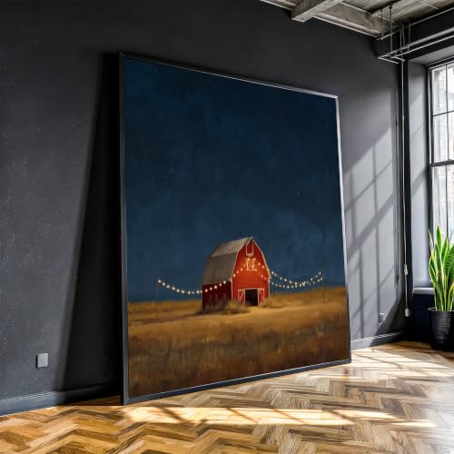 Tableau sur toile de qualité supérieure paysage de grange rouge et étoiles
