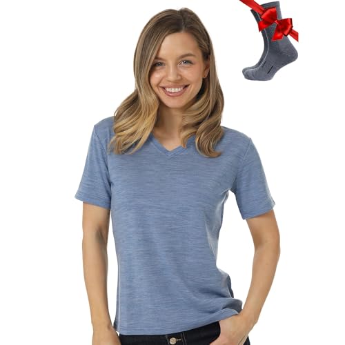 100% Merino Shirt Damen V-Ausschnitt - Merino Unterwäsche Damen - Sportshirt Wandershirt Schnell Trocknend Atmungsaktiv Anti Schweiss (Small Deep Blue V-Neck)