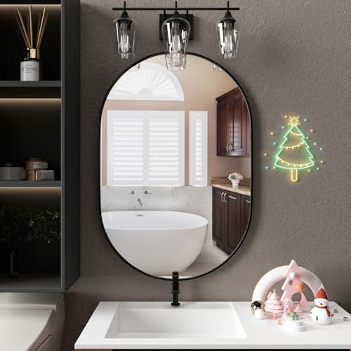 Image of Oval Wall Mirror with Durable Wooden Frame - 24 inchx16 inch (Black) | Modern Decorative Wall Hanging Mirror for Bathroom, Basin, Bedroom, Hostel Room Living Room, Dressing Table