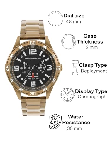 Image of French Connection Comet Multifunction Black Round Dial Stainless Steel Strap | Casual | Premium | See Through Feature | Brush Feature Wrist Watch for Men - FCC04KHM