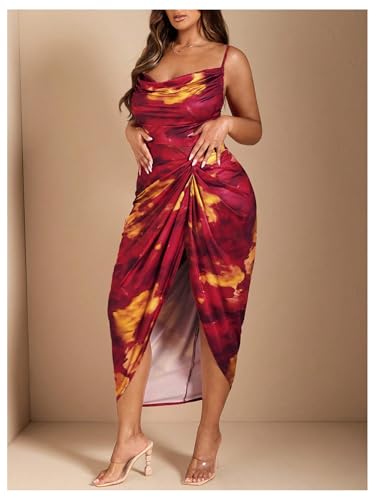 Image of WDIRARA Women's Plus Size Tie Dye Bodycon Long Dress Cowl Neck Sleeveless Ruched Split Cami Dresses