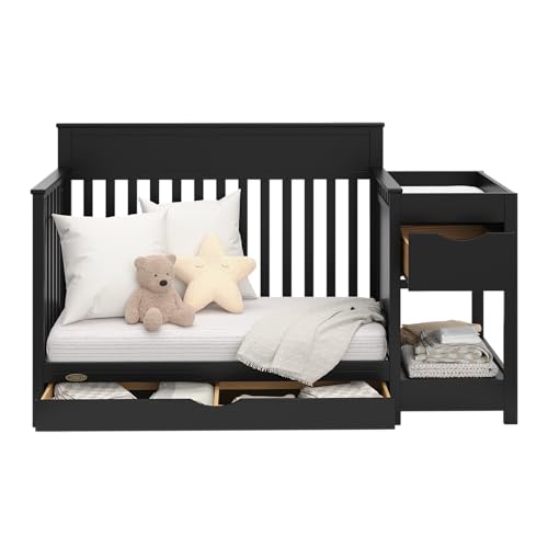 Image of Graco Shiloh 5-in-1 Convertible Crib & Changer with Drawer - GREENGUARD Gold Certified Baby Crib Crafted from Wood, Converts to Toddler Bed, Daybed, and Full-Size Bed (Black)