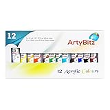 Acrylic Paint Set of 12 Vibrant Colors from ArtyBitz. Quality Non Toxic Paints for use on any number of surfaces. Suitable for Kids & Beginners to Professional Artists