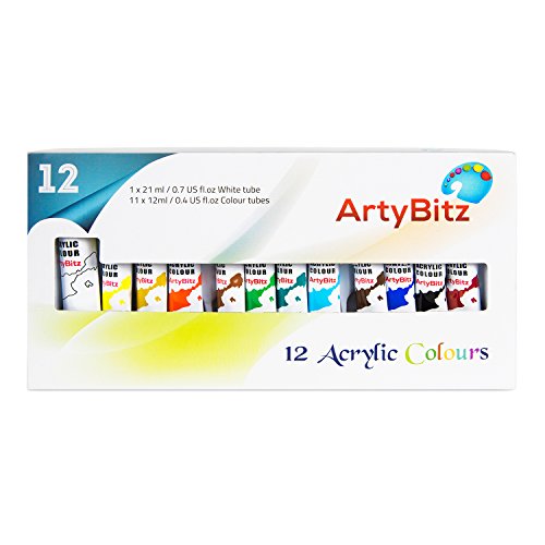 MOLIMERAcrylic Paint Set of 12 Vibrant Colors from ArtyBitz. Quality Non Toxic Paints for use on any number of surfaces. Suitable for Kids & Beginners to Professional Artists