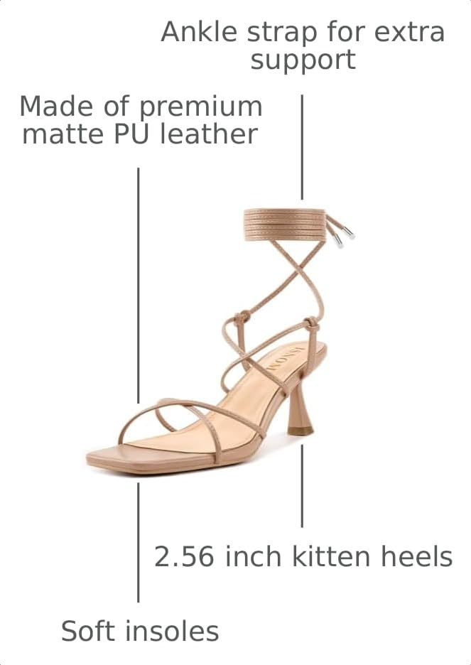 Image of ISNOM Strappy Sandals for Women Kitten Heels Lace Up Heels Stiletto Heels Wrap Around Heels with Square Toe