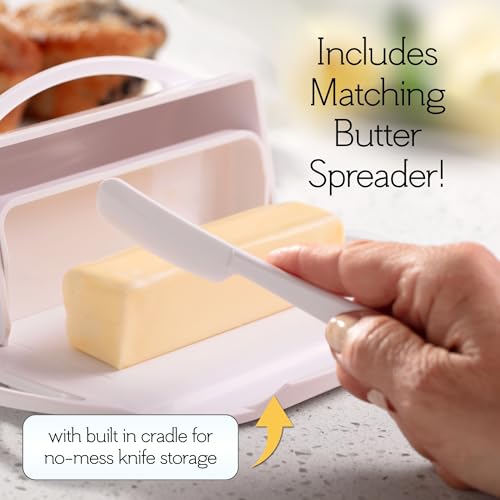 Image of Butterie Flip-Top Butter Dish with Lid & Matching Knife, Holds 2 Sticks /European Butter, No-Mess Butter Holder, Shatterproof, Dishwasher Safe, White (White)