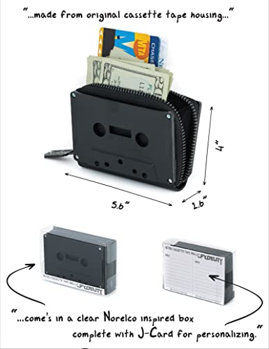 Image of Fydelity Vegan Leather Zipper Wallet, Cassette Tape Design, Credit Card Holder for Women & Men, Vintage Retro Style, Lightweight, Black 70258 AA
