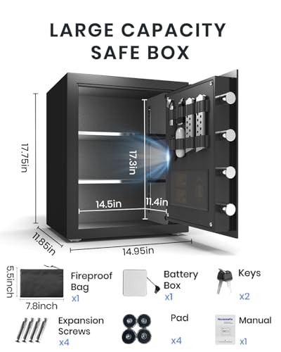 Biometric Safe, 2.0 Cu ft Fingerprint Home Safe Box with Fireproof Waterproof Bag & Key, Security Money Safe for Cash, Jewelry, Valuables, Digital Electronic Keypad, Dual Alarm System thumbnail 5