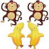 4Pcs Monkey Balloons Banana Foil Mylar Balloons for Jungle Safari Animal Themed Birthday Baby Shower Wedding Party Decorations Supplies