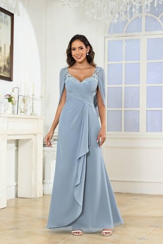 Cape Sleeve Mother of The Bride Dresses for Wedding Long Mermaid Ruched Chiffon Lace Formal Evening Gown4