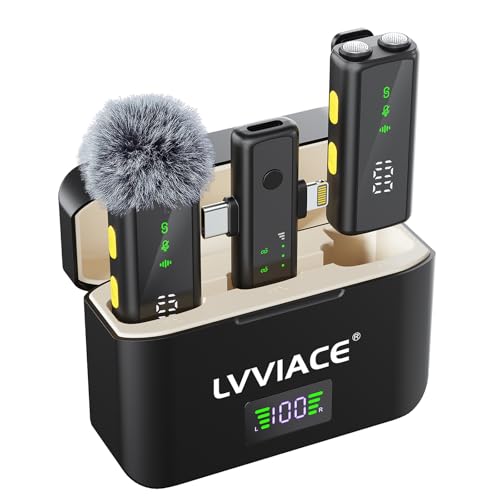 LVVIACE Kabelloses Mikrofon für iPhone, iPad, Android (Lightning/USB C), Dual-Mikrofone und Ladehülle mit Digitalanzeige, intelligente Rauschunterdrückung, 45 Stunden Akkulaufzeit, 50 m Reichweite für