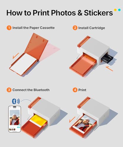 Liene Amber M110 Bluetooth Photo Printer 80 Sheets, Portable Photo Printer for iPhone, Thermal Dye Sublimation, Picture Printer 60 Sheets 4x6 Paper & 20 Sheets 3" Square Sticker Paper & 2 Cartridges