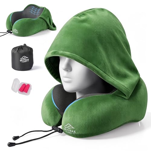 Image of SkytraxComf Travel Neck Pillow with Hood for Privacy on Long Flights | Memory Foam | Airplane Sleep | Safety-Tested Materials | Extra Large Hood | Chin Support | Earplugs | Washable Cover