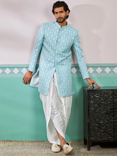 Image of VASTRAMAY Men's Blue Silk Blend Regular Fit Sherwani Only Top VASMIW252BU 44