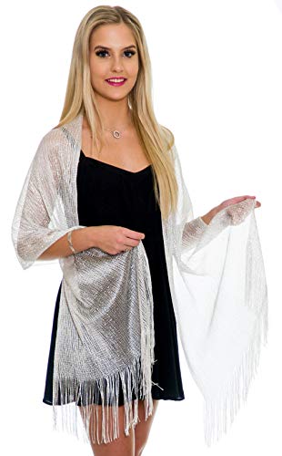 Shawls and Wraps for Evening Dresses, Metallic Sparkle Womens Wedding White Shawl - Thumbnail 7