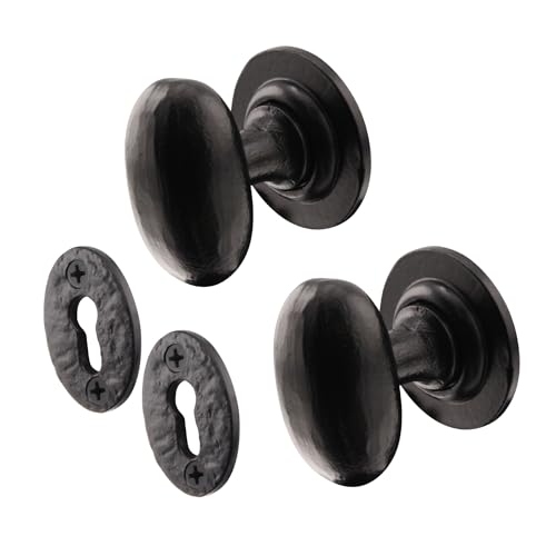 Image of EAI Black Iron Door Knob Set - 1 Pair of Cast Iron Antique Oval Mortice Knobs & Escutcheons
